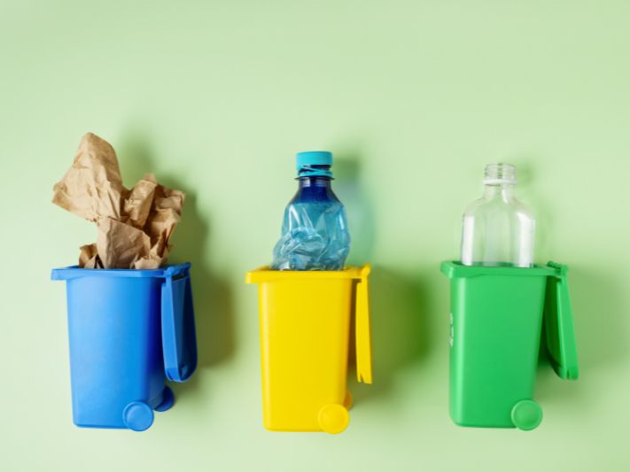 segregacja śmieci, niebieskie, żółty i zielony kosz na odpady